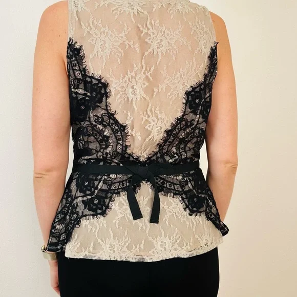 Ann Taylor LOFT Blouse Nude Eyelash Lace Ribbon Tie Peplum Tank Top - Picture 4 of 9